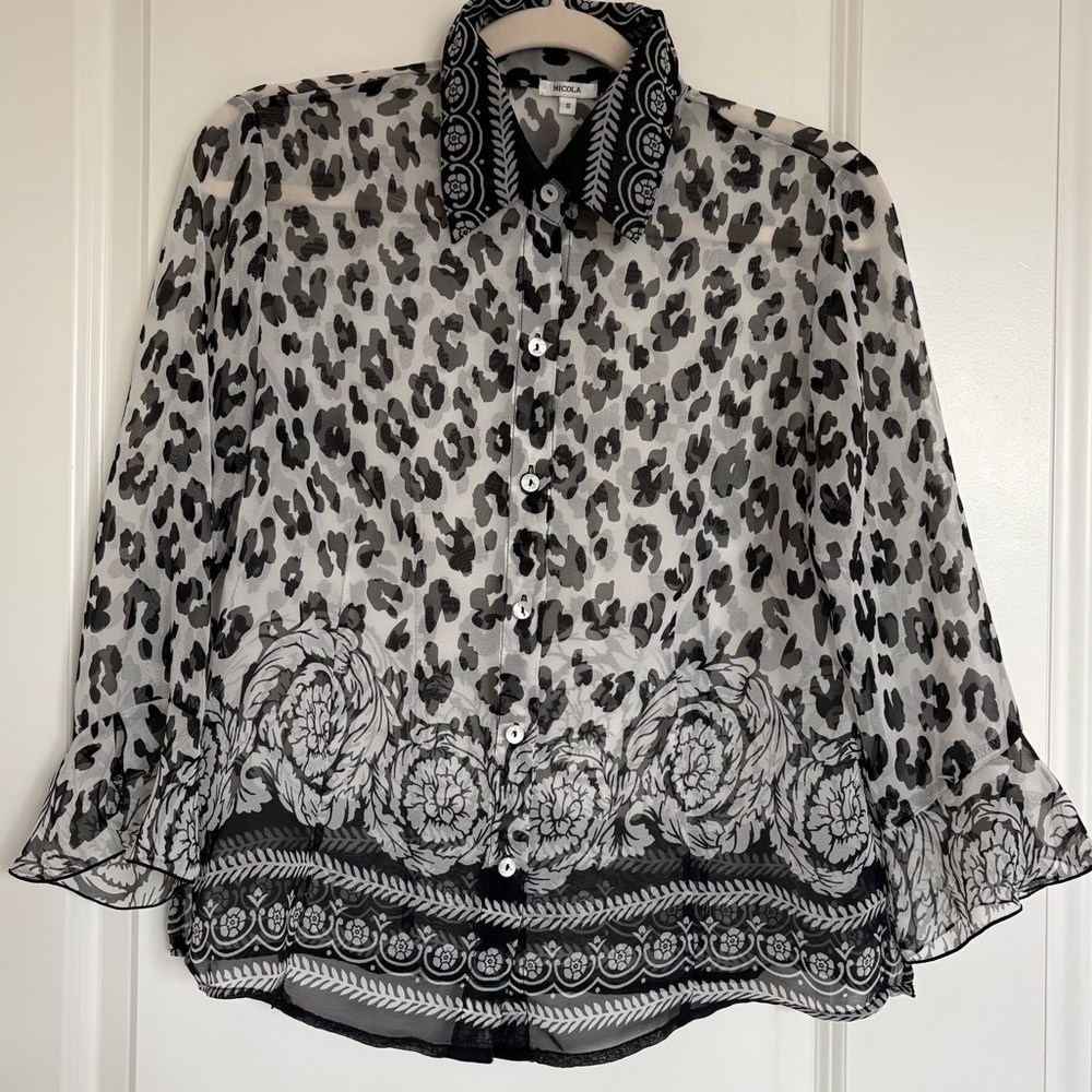 NICOLA Black and White Sheer Leopard Pattern Blouse. Size S